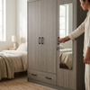 Storage Cabinet Wardrobe with Mirror Panel showcasing a modern design and practical mirror in a cozy bedroom setting.