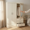 Wardrobe Cabinet with Mirror and Drawers open showcasing clothing storage and drawers in a stylish bedroom setting.