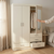 Wardrobe Cabinet with Mirror and Drawers open showcasing clothing storage and drawers in a stylish bedroom setting.