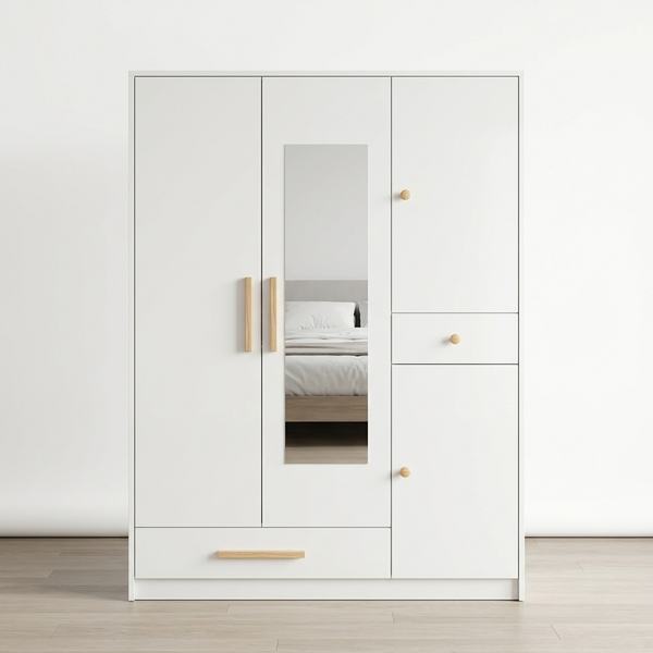Wardrobe with Mirror Drawer and Side Cabinet in Cream