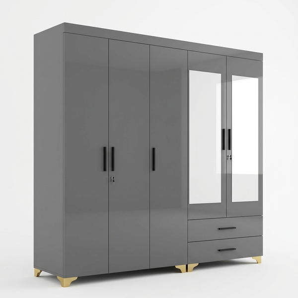 Modern Multi-Door Wardrobe Cabinet with Storage featuring dark grey panels and glass doors.