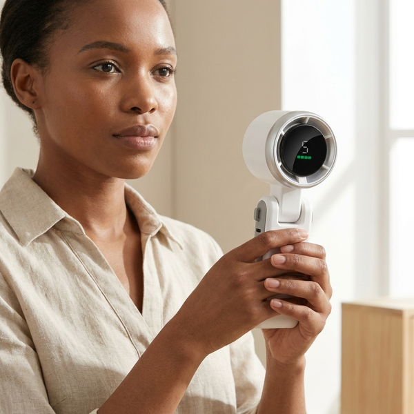 Woman using a Portable Handheld Turbo Fan with Digital LED Display for personal cooling