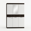Modern 4-Door Storage Wardrobe with Multiple Compartments featuring a stylish design and mirror for clothing organization.