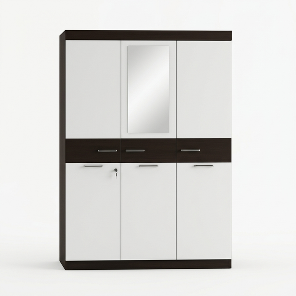 Modern 4-Door Storage Wardrobe with Multiple Compartments featuring a stylish design and mirror for clothing organization.