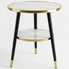 Round Marble Effect Side Table with Gold Trim and Lower Shelf featuring black iron legs and two marble-effect tiers.