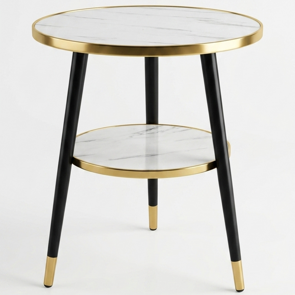 Round Marble Effect Side Table with Gold Trim and Lower Shelf featuring black iron legs and two marble-effect tiers.