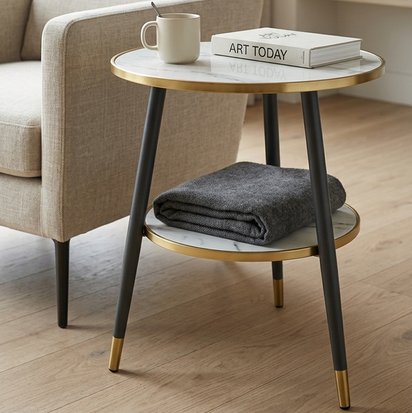 Round Marble Effect Side Table with Gold Trim and Lower Shelf beside a cozy chair, featuring a blanket and a coffee cup.