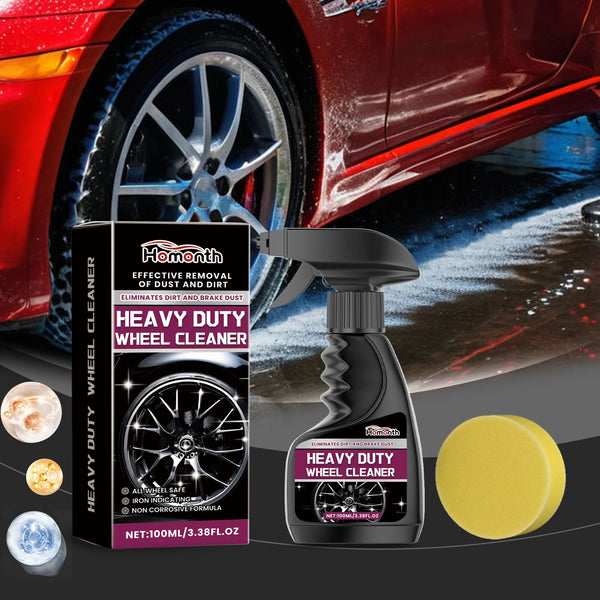 Professional Car Wheel Rim & Tire Cleaning Agent on display with a vibrant red car and shining wheel.