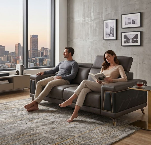 Couple relaxing on a Contemporary Modular Lounge Sofa Set, enjoying a stylish living space with city view.