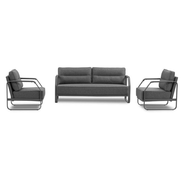 Mason Industrial Executive Office Couch with two matching chairs in gray fabric and modern metal frame.