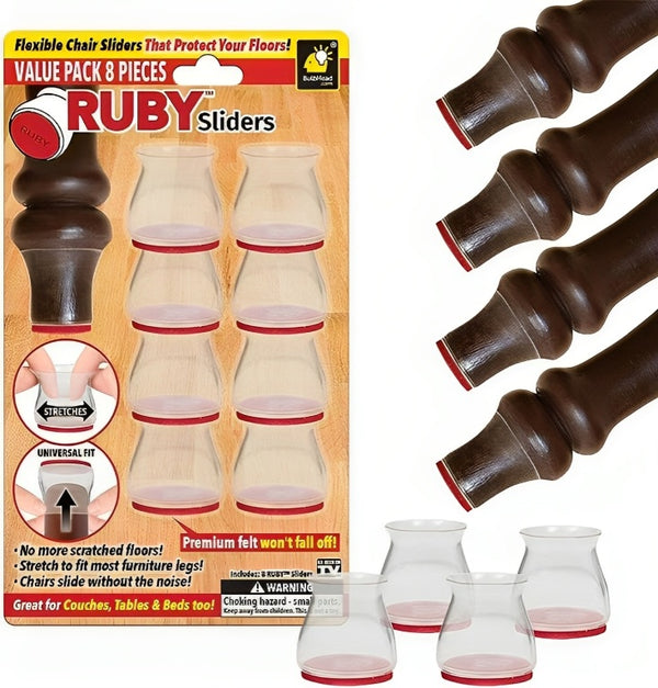 Transparent Red 8 Pieces Sliders Chair Leg Protectors packaging and product layout for floor protection.