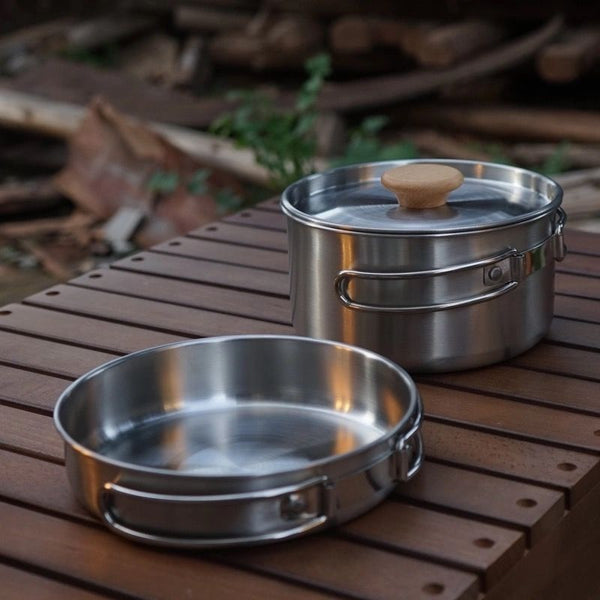 Soup Pot Pan Set of 2 Stainless Steel Cooking Pots on a wooden surface.