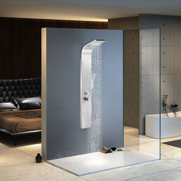 Silver Stainless Steel Shower Column Panel in a modern bathroom with luxurious shower design.