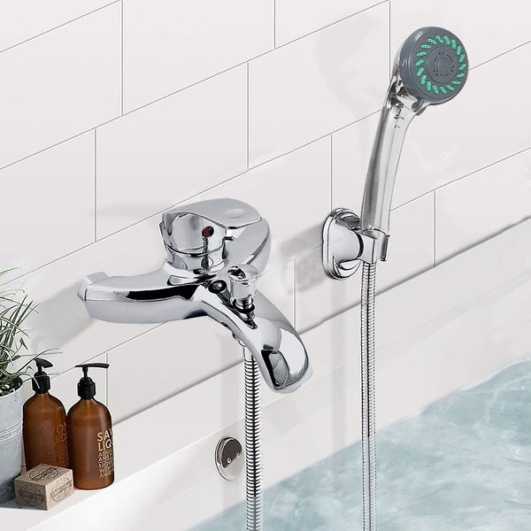 Wall Mounted Single Lever Bathtub Faucet with Pulsing Shower Head installed in a modern bathroom setting.