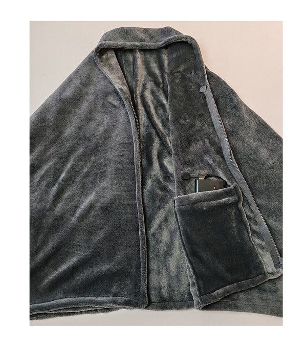 USB Heated Electric Shawl Blanket in soft gray plush fabric with a pocket for holding devices.