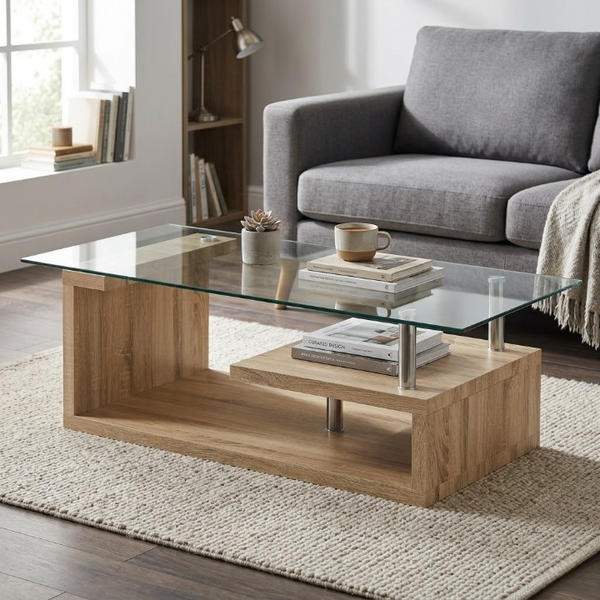 Tempered Glass Top Coffee Table with Oak Base featuring a modern design and natural wood accents in a cozy living room setting.