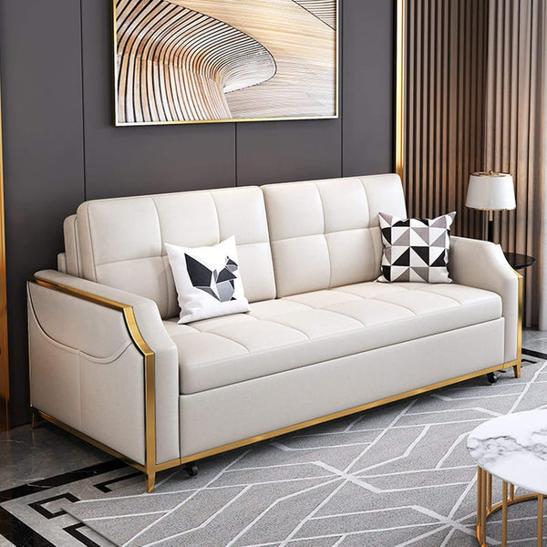 Convertible Sleeper Loveseat Sofa Bed in elegant beige with gold accents, perfect for modern living spaces.