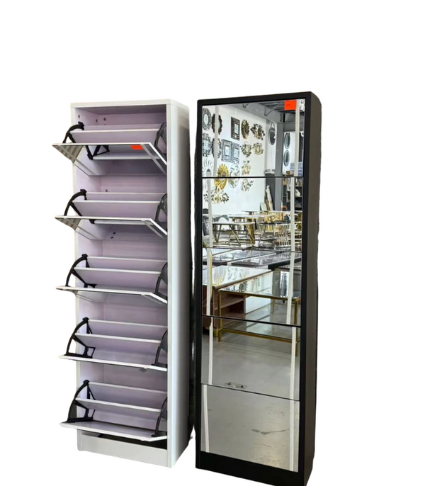 Freestanding Organised Storage Cabinet with shelves and mirror, ideal for reducing clutter and maximizing space.
