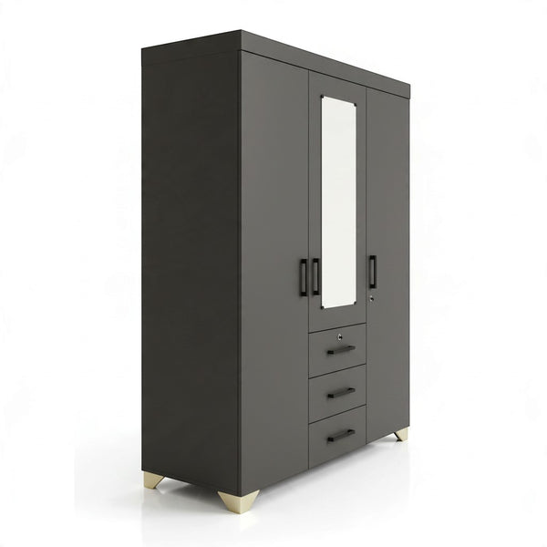 3-Door Grey Wooden Wardrobe with Mirrored Center & 3 Drawers, featuring sleek design and integrated mirror.