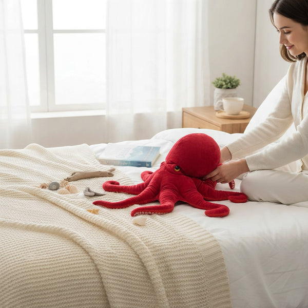 A woman playing with a Realistic Octopus Plush Toy on a cozy bed, surrounded by seashells and a book.