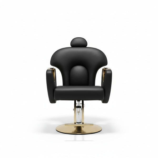 Professional Salon Styling Chair with Metal Base in sleek black and gold design, ideal for salons and barbering environments.