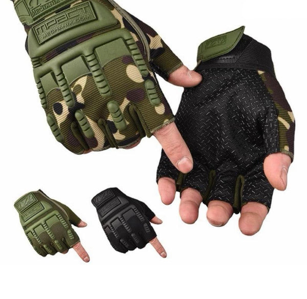 Tactical-Style Fingerless Utility Gloves in camo and black, showcasing fingerless design for dexterity and grip.
