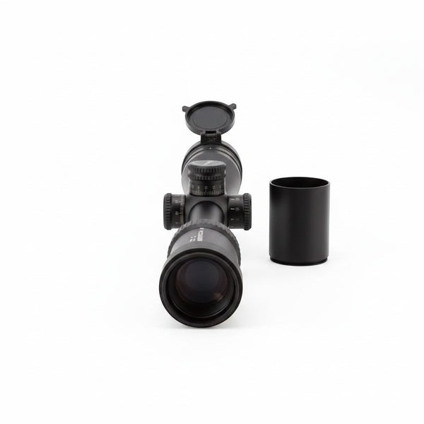 Rifle Scope featuring protective lens covers and adjustment turrets for compatible mounting systems.