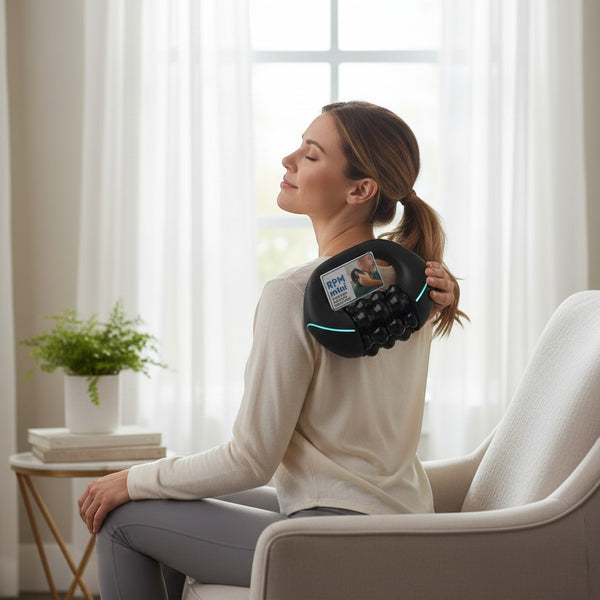 Woman using a Rolling Percussive Massage Device for relaxation and relief at home.