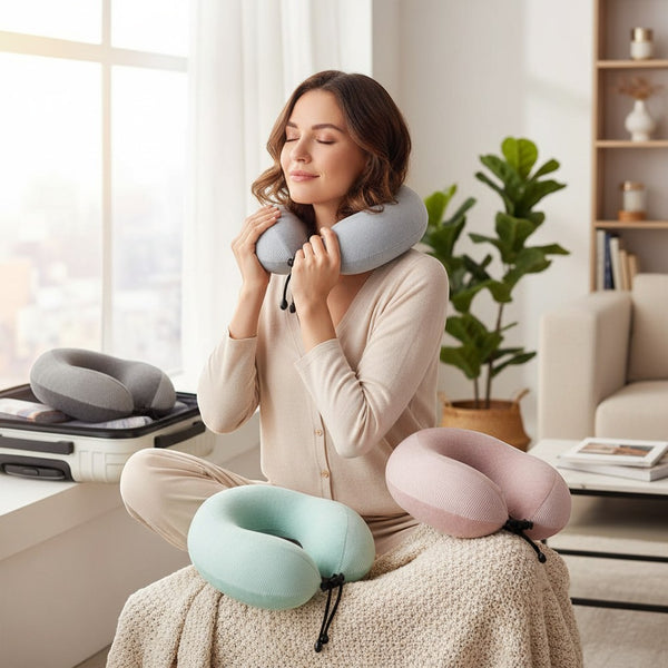 Woman enjoying comfort from Velvet Neck Pillow with additional pillows in soft colors in a cozy setting.