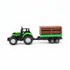 Alloy Farmer Trailer attached to a green toy tractor, showcasing a practical design for agricultural use.