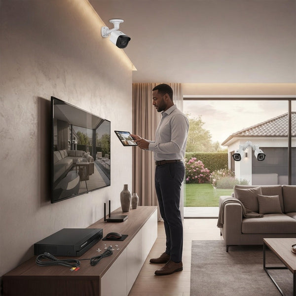 5MP 4-Channel NVR PoE Security Camera Kit installation in modern home with user monitoring.