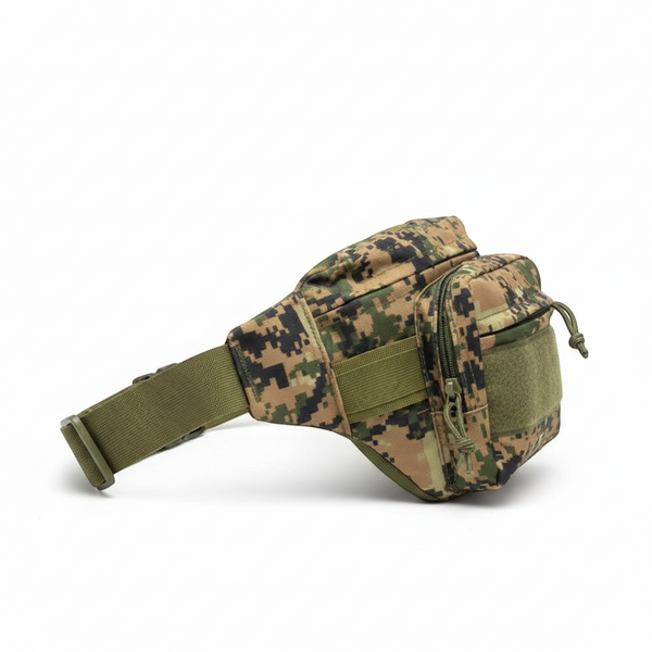 Camouflage Multi-Pocket Side Bag shown from the side, featuring multiple compartments and an adjustable strap for easy carrying.