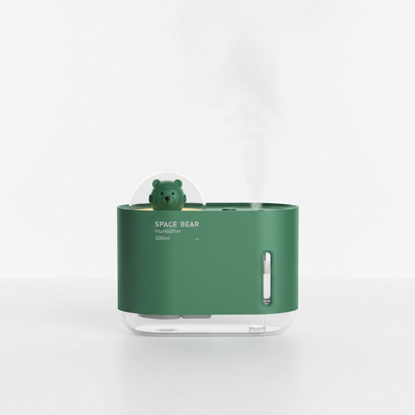 Bear Design Mini USB Humidifier with bear top and mist, perfect for desk use and indoor spaces.