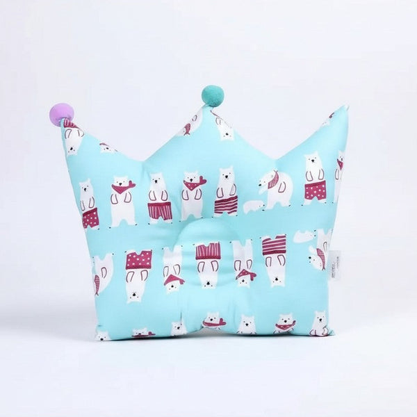 Crown Shaped Decorative Pillow featuring cute bear prints on a light blue background for playful decor.