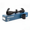 Rifle Scope featuring adjustable turrets, lens covers, and mounted on a blue box labeled War Eagle.