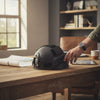 Military-Style Tactical Helmet placed on a wooden table with maps in a well-lit room.