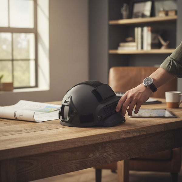 Military-Style Tactical Helmet placed on a wooden table with maps in a well-lit room.
