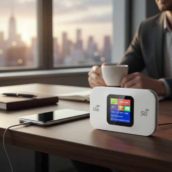 Wireless Portable Wi-Fi Router on a desk with a smartphone, providing mobile internet connectivity.