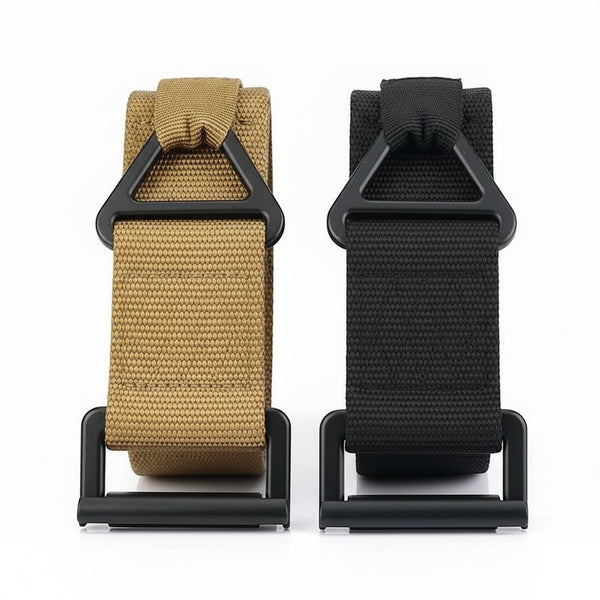 Tactical-Style Quick Release Belt in brown and black featuring adjustable designs and quick-release buckles.