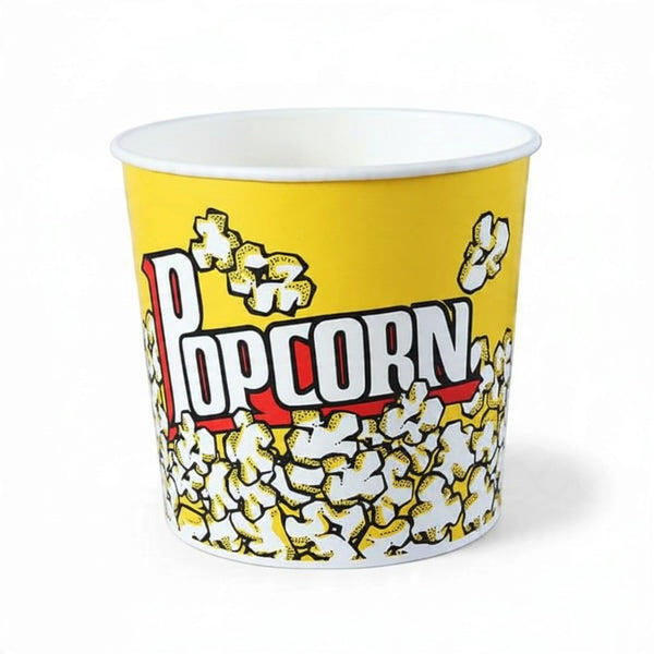 2XL Classic Popcorn Bucket with vibrant yellow design and popcorn graphic, ideal for movie nights and gatherings.