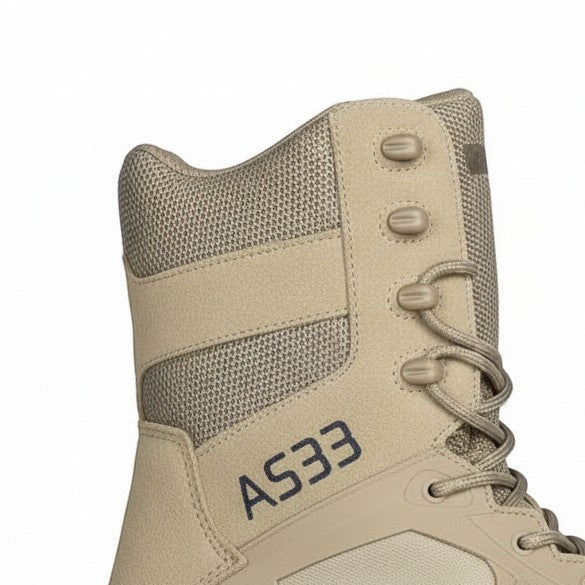 Mens Tactical Side Zip Work Boots close-up showing high-cut design and lacing system for adjustable fit.