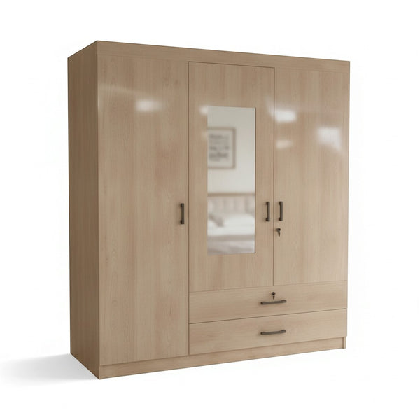 3-Door Wooden Wardrobe with Mirrored Center & Drawers in natural wood finish, featuring spacious storage and two drawers.
