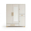 Multi-Compartment White & Natural Oak Wardrobe Armoire featuring a mirror and wooden handles.