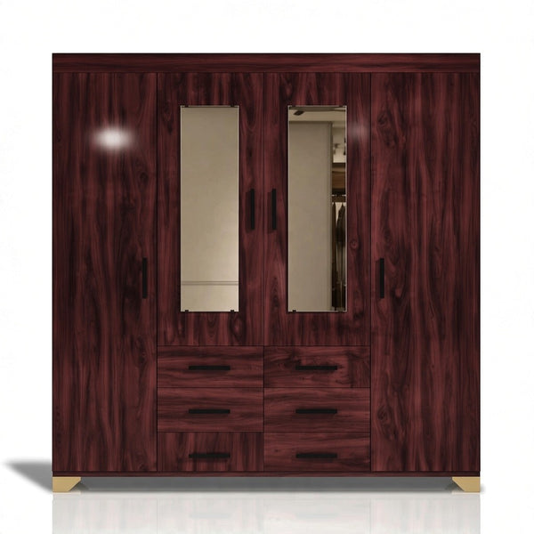 4-Door Wooden Wardrobe Armoire with Dual Mirrors & 6 Drawers featuring spacious design and stylish finish.