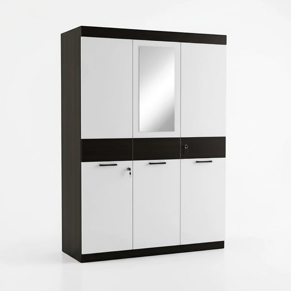 Modern 3-Door Storage Wardrobe with Multiple Compartments in black and white design with mirror