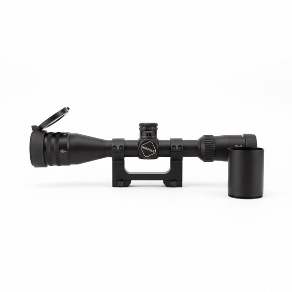 Rifle Scope with adjustment turrets and protective lens covers for compatible mounting systems.
