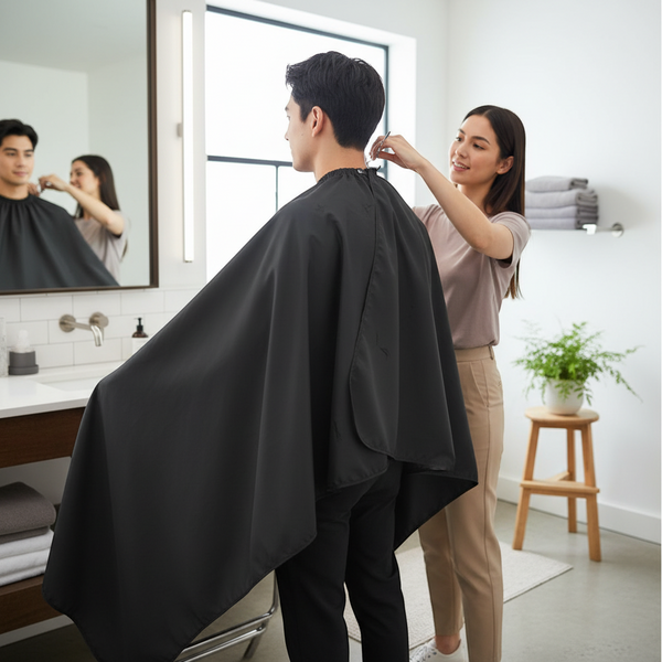 Water-Resistant Haircut Apron & Barber Cutting Cape used during a haircut in a modern salon setting.