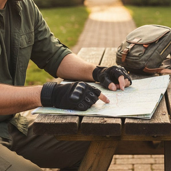 Man wearing Gloves with Knuckle Protection points at a map while seated at a table outdoors.