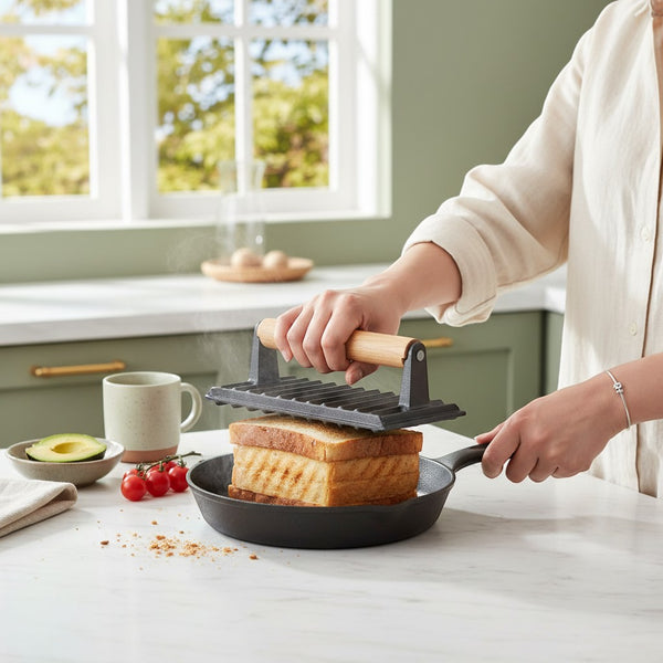 Ridged Grill Press with Wooden Handle pressing sandwich in skillet on a kitchen counter with ingredients.