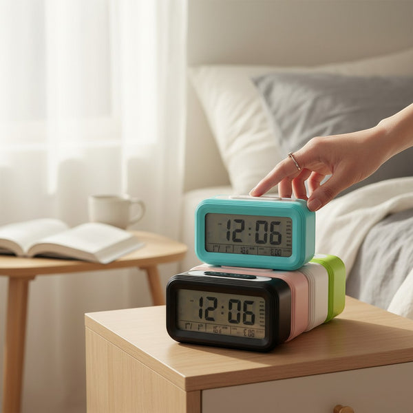Digital Alarm Clock with Night Light displayed on a bedside table next to a book and cup.